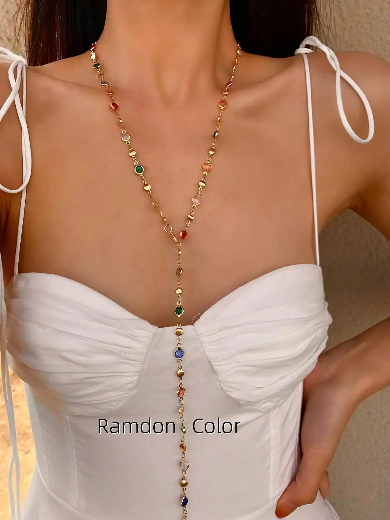 Collar Largo en Forma de Y Dorado/Plateado para Mujer, con Colgante Brillante y Escote en V Profundo, Accesorio Elegante para Fiestas y Citas