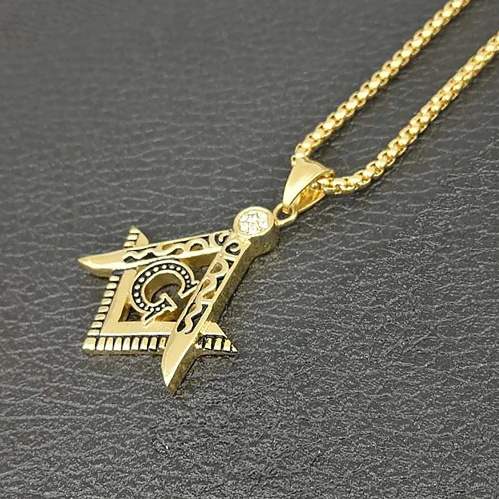 Hip Hop Iced Out Mason Necklaces Pendants Gold Color Stainless Steel Chain For Women/Men Masonic Symbol Jewelry XL1079