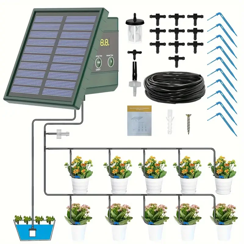 Sistema de Riego Automático por Goteo con Energía Solar para Huertos Elevados, Invernaderos, Jardines de Verduras, Plantas Colgantes de Balcón (1 Pieza)