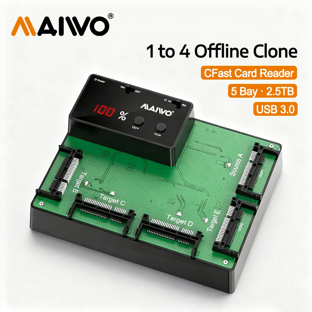 Obudowa na czytnik kart CFast MAIWO z 5 gniazdami i funkcją klonowania offline 1 na 4, adapter kart pamięci CFast 2.0 na USB 3.0, pojemność 2,5 TB