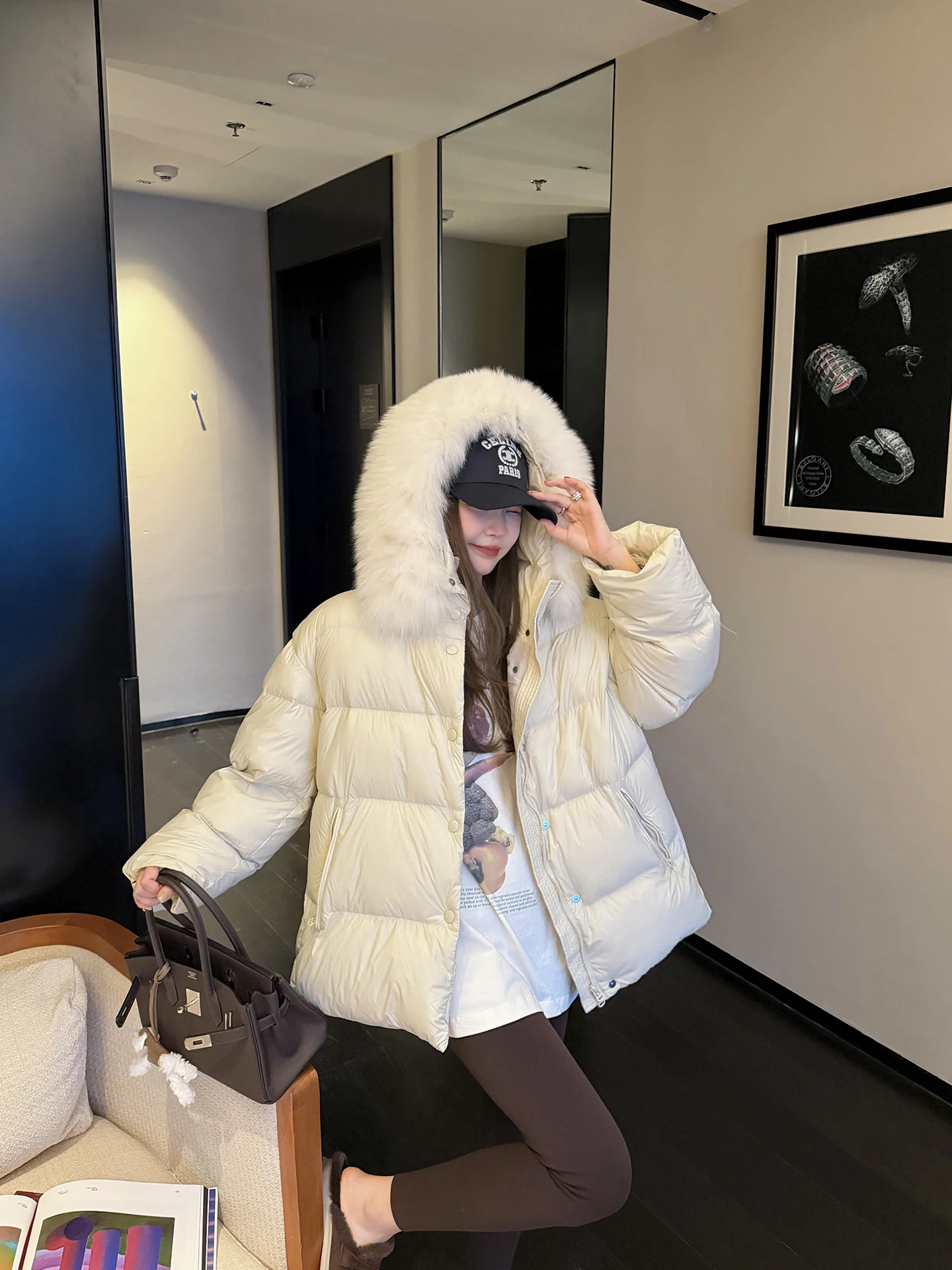 

Cheerioaban Lightweight Warm New National Stand White Du down Jaet Removable Fur Collar Casual Loose Fit Women's P...
