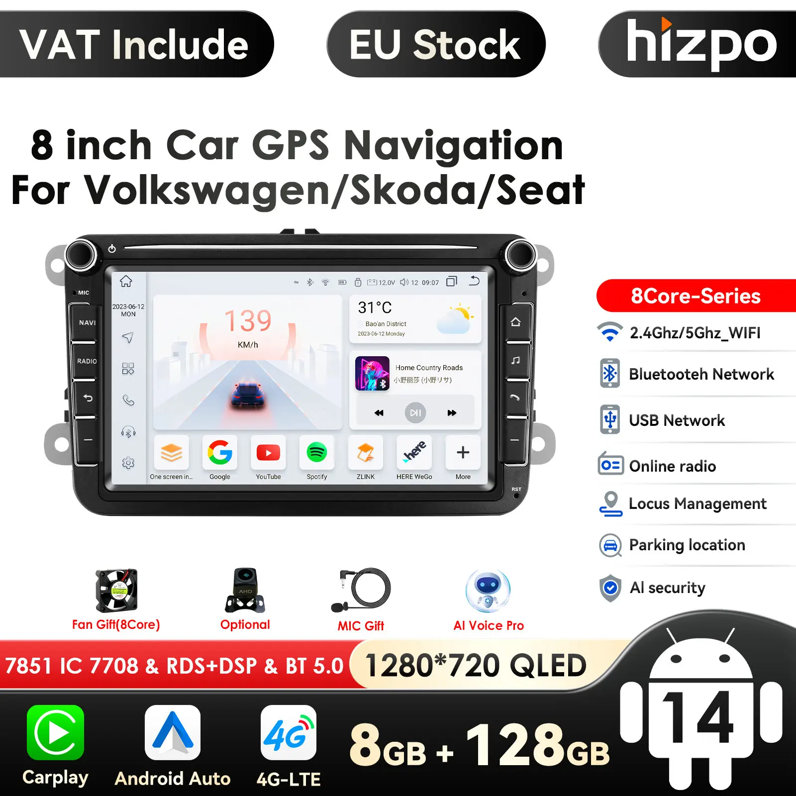 Image of 4G 2 Din Android 14 Auto-Multimedia-Player für VW Volkswagen Golf Polo Tiguan Passat B7 B6 SEAT Leon Skoda Octavia Radio GPS RDS