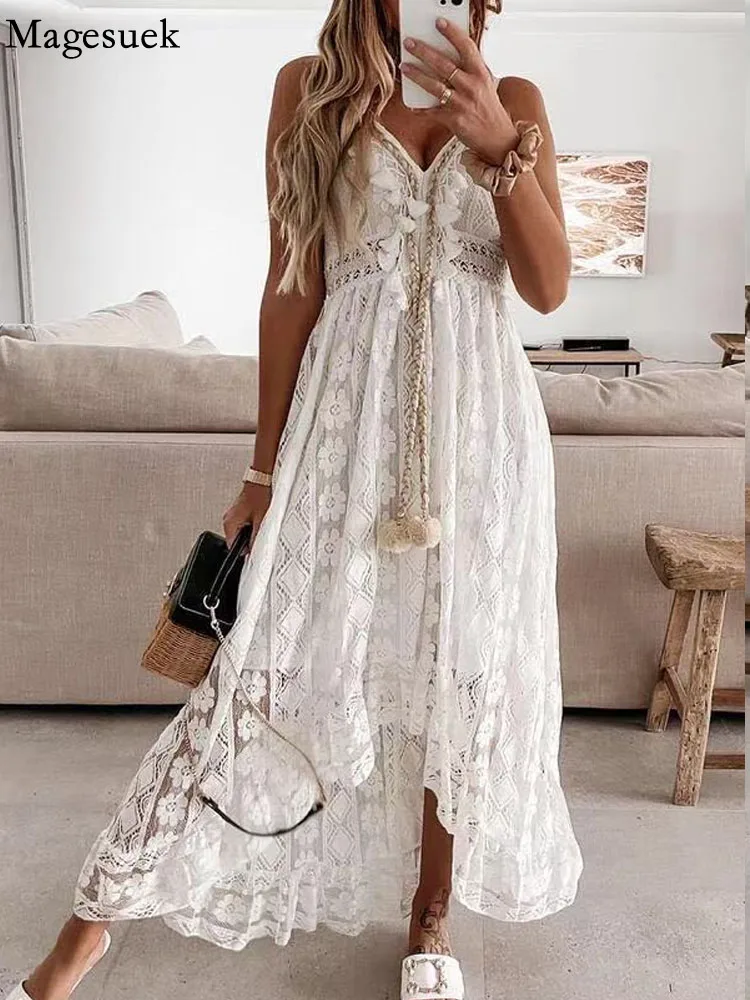 Elegant Lady Summer Lace Dress Holiday  V Neck Spaghetti Strap Sundress Boho White Maxi Dress for Women Vestidos De Mujer 22194