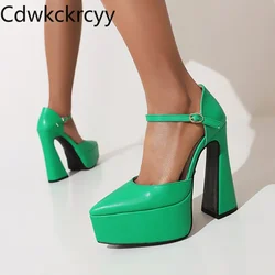 spring autumn fashion Pointed tip high-heeled Women Shoes Solid Shallow mouth Buckle Square heel Mary Jane Women Shoes high 14cm