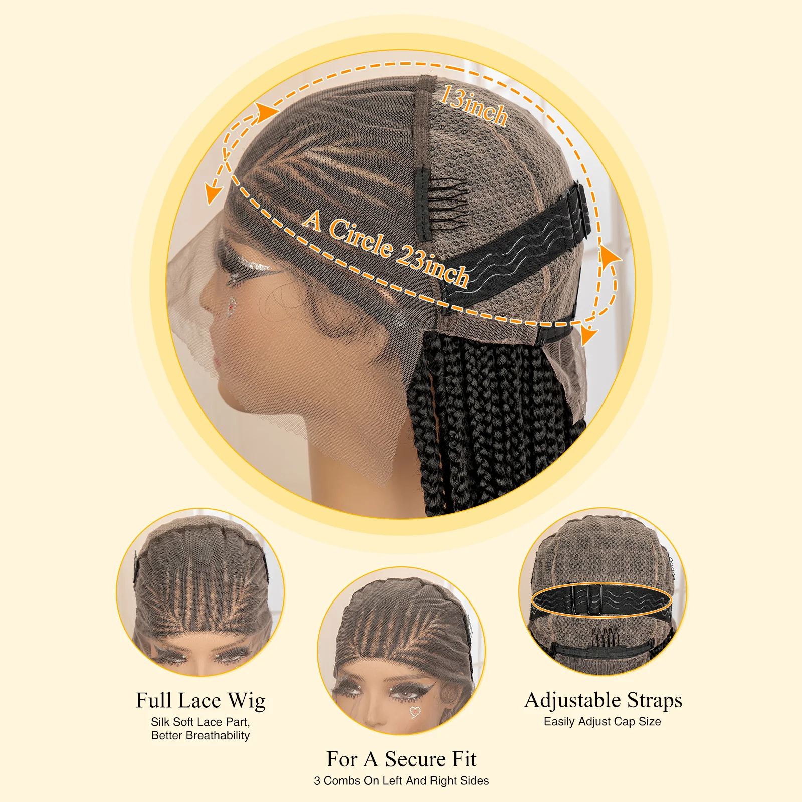 Wig Kepang Kotak Tanpa Simpul Sintetis Afrika 36 Inci Wig Kepang Renda Penuh Wig Kepang Cornrow Rajutan Buatan Tangan untuk Wanita Kulit Hitam