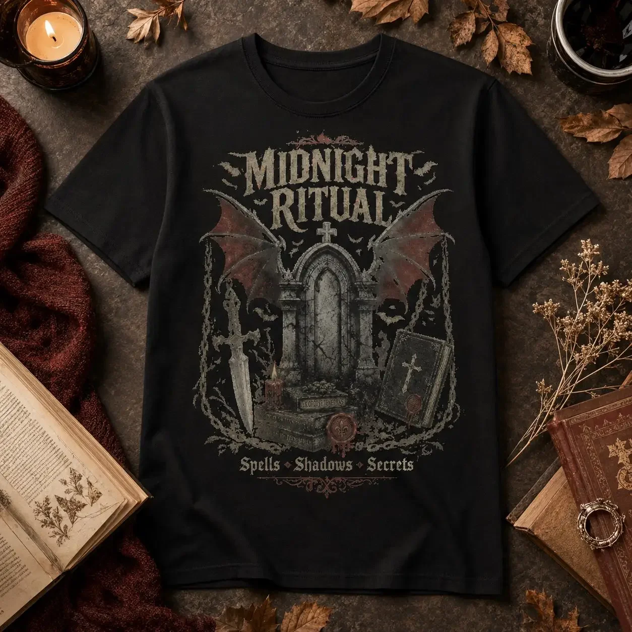 Midnight Ritual Gothic Tee, Bat Wing Occult Graphic T Shirt, Witchy Academia Top