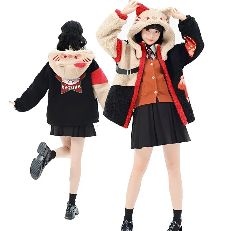 Genshin Impact Anime Kaedehara Kazuha Hooded Casual Loose Zipper Jacket Top Women Fairy Tweed Coat Mujer Streetwear Plush Gift