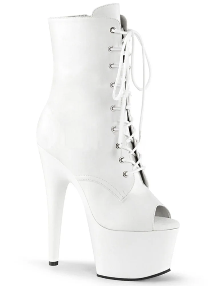 Sexy Women's Exotic Patent Leather Gothic Ankle Boots 15cm Stiletto Open Toe Pole Dance Strips 6 Inch Heel with Three Straps Bei