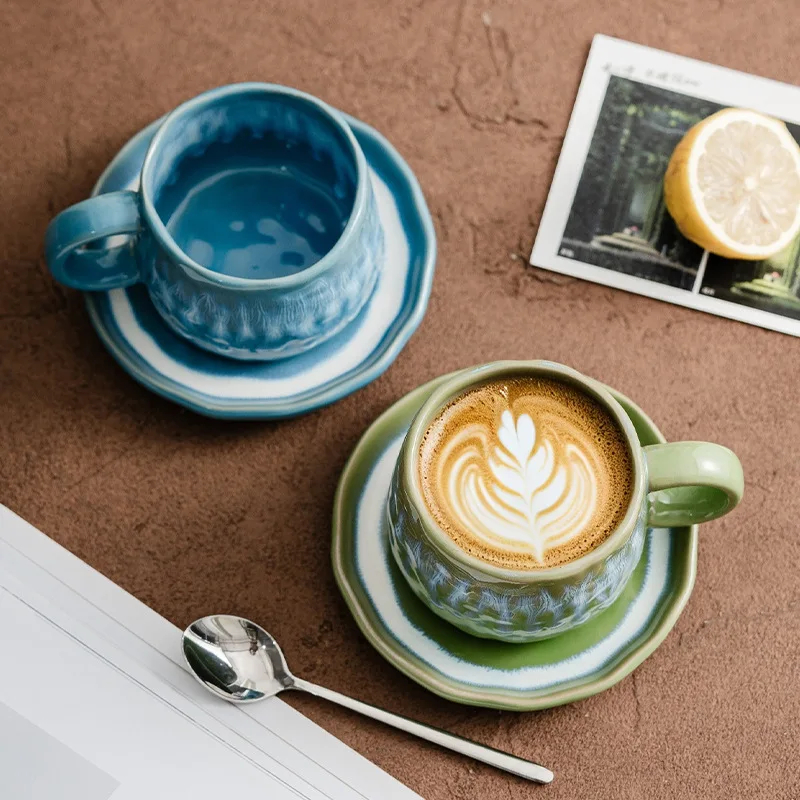 250ml Coffee Ceramic Cup Plate Retro Afternoon Tea Kiln Transmutation Style Creative Pattern Embossed Flower Cup Saucer Sets