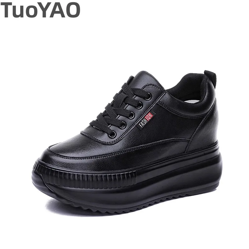 Women Genuine Leather Casual Black Shoes Platform Wedge Female Women 8CM High 2023 Fashion Sneakers Chunky Spring Autumn Shoes