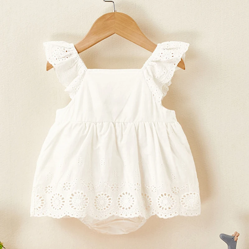 Infant Baby Girls Jumpsuit Flying Sleeve Cotton Solid Color Hollowed Out Summer Toddler Baby Girl Romper Baby Girl Clothing