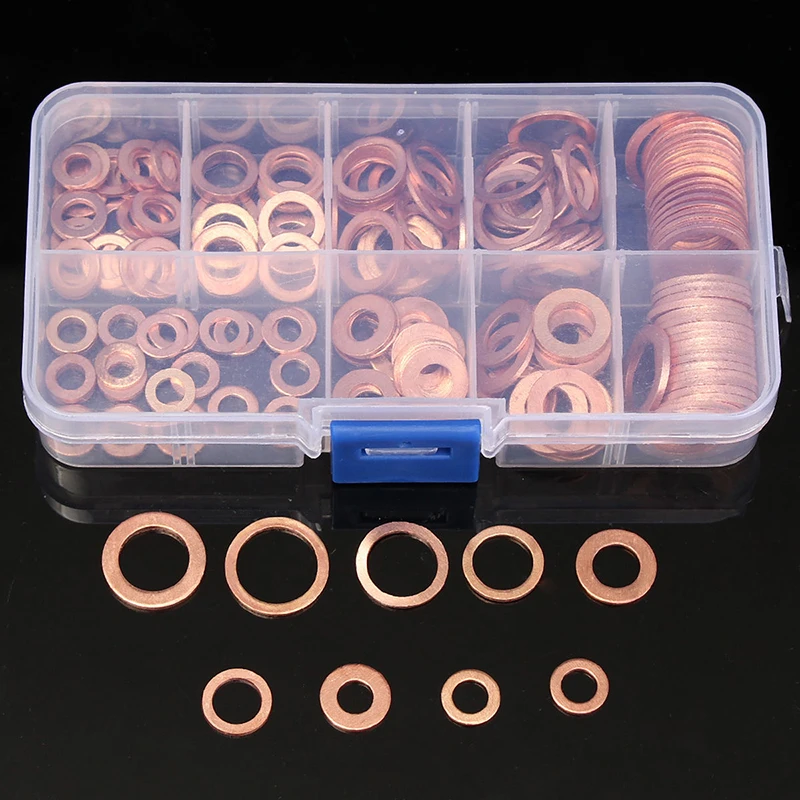 200Pcs Solid Copper Washers M5-M14 Flat Ring Sump Plug Oil Seal Assorted Set With Box