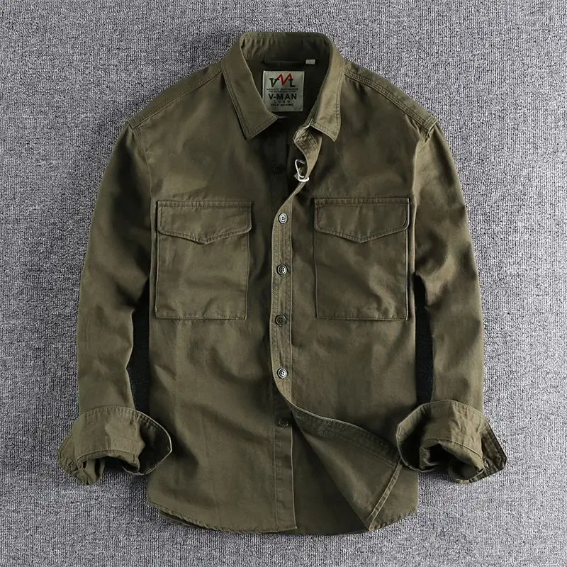 

Autumn New Men's Khaki Retro Wash Work Shirt 204 Color Block Collar Fleece Lined Thickened Special Wide Fit