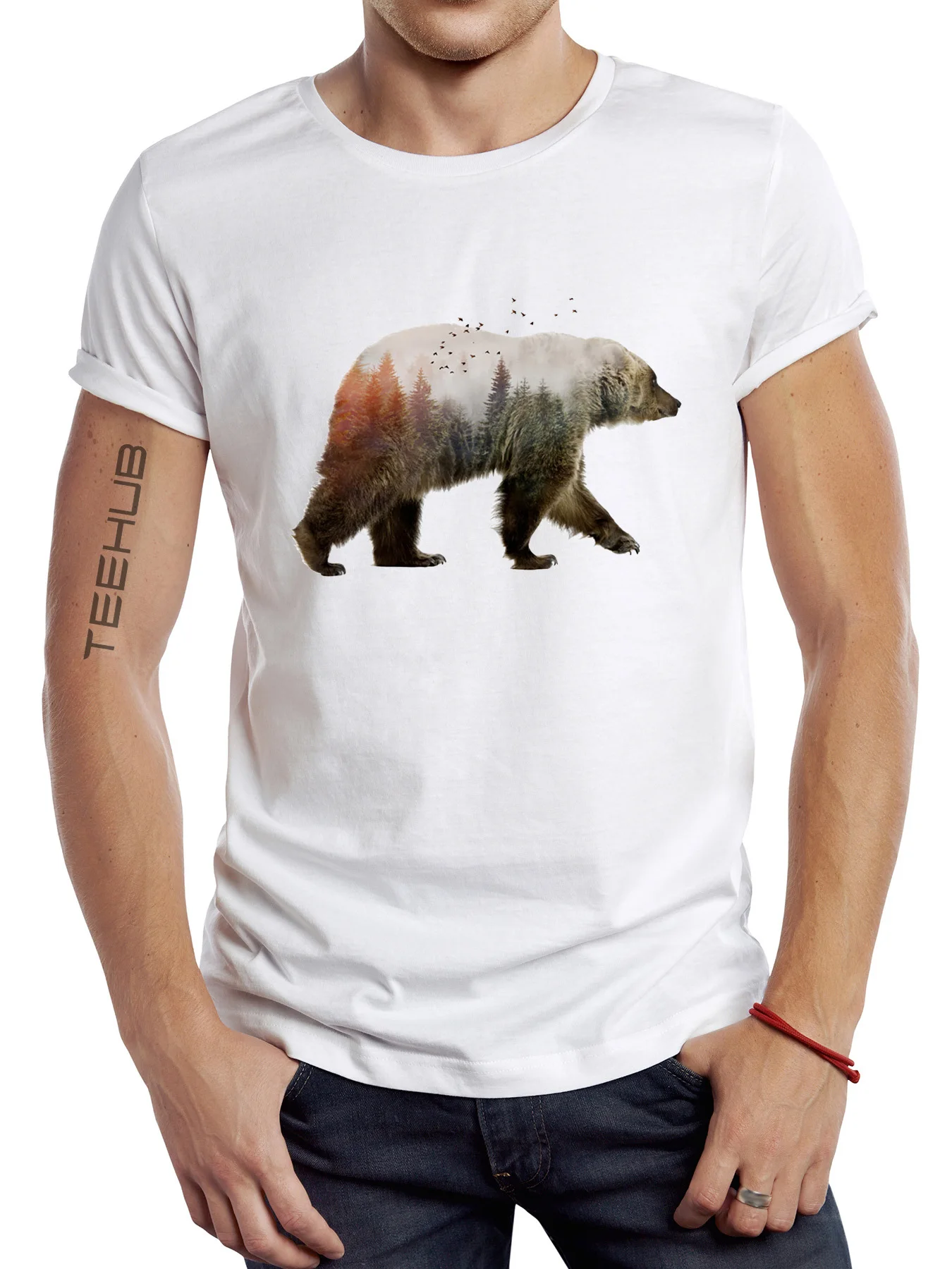 2024 Newest Men's Fashion Wild Forest Bear Printed Tee Short-Sleeve T-Shirt Tops For Spring Summer