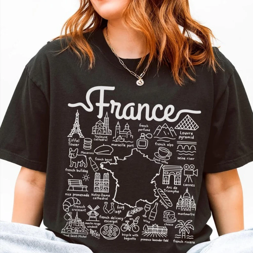 Camiseta de Francia con dibujos de lugares emblemáticos, camiseta unisex, regalo de viaje a Francia, camiseta de recuerdo, camiseta de vacaciones en París, camisetas de algodón a la moda para mujer