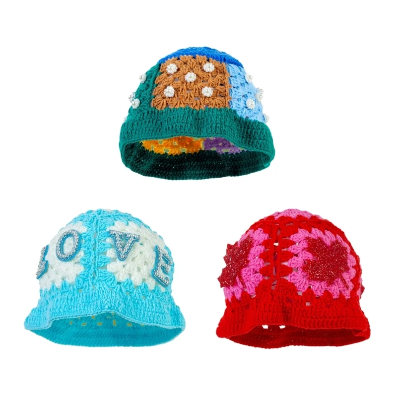 

Knit Flower Bucket Hat for Woman Breathable Weaving Bucket Hat with Pearl/Rhinestone Adult Teens Summer Fisherman Cap