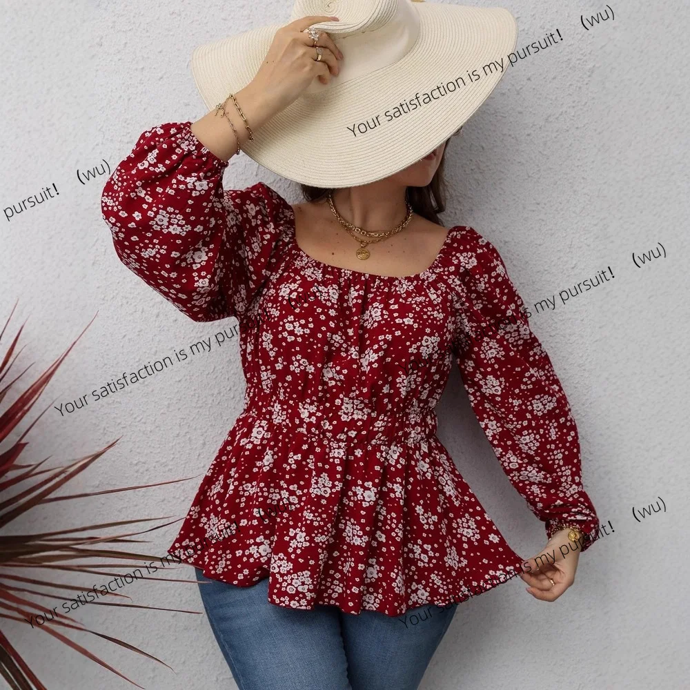 

ZOCI-весенне-осенняя модная рубашка с длинными рукавами и квадратным вырезом с цветочным принтом на талии