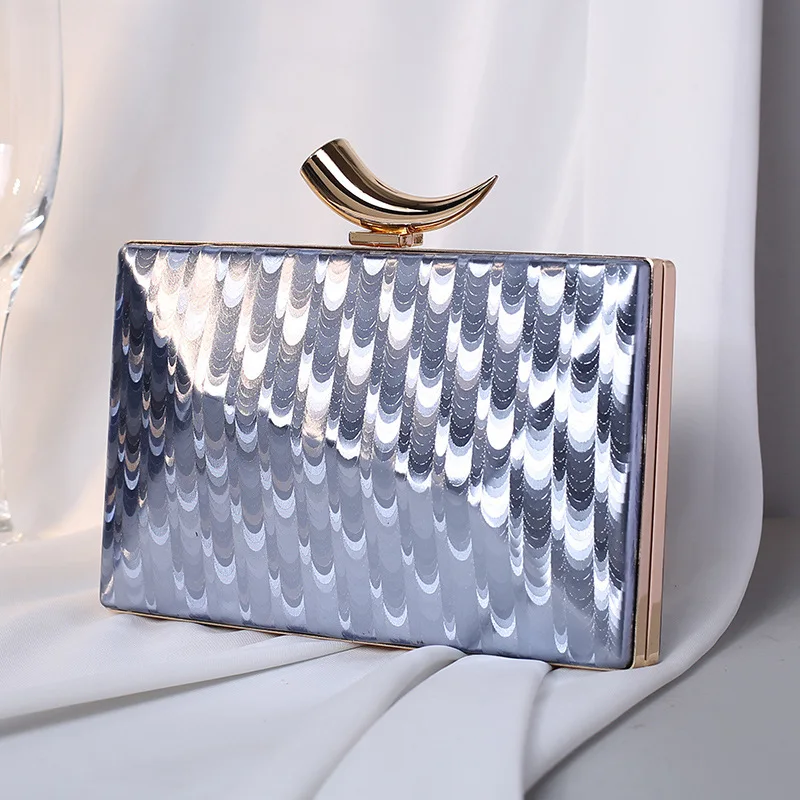 Fashion New Luminous Evening Bags for Women Mordern Style Metal Frame Shiny PU Print Clutch Purse Crossbody Chain Square Handbag