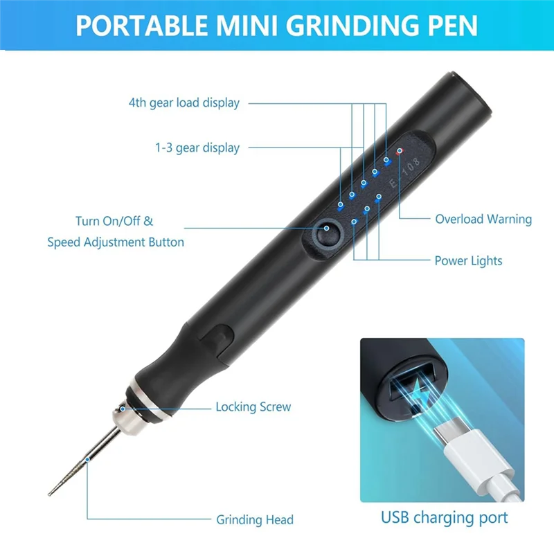 

USB Rechargeable Engraving Pen With 36 Bits, Mini Electric Engraver Etching Machines Cordless Rotary Tools, Silver Easy To Use-B