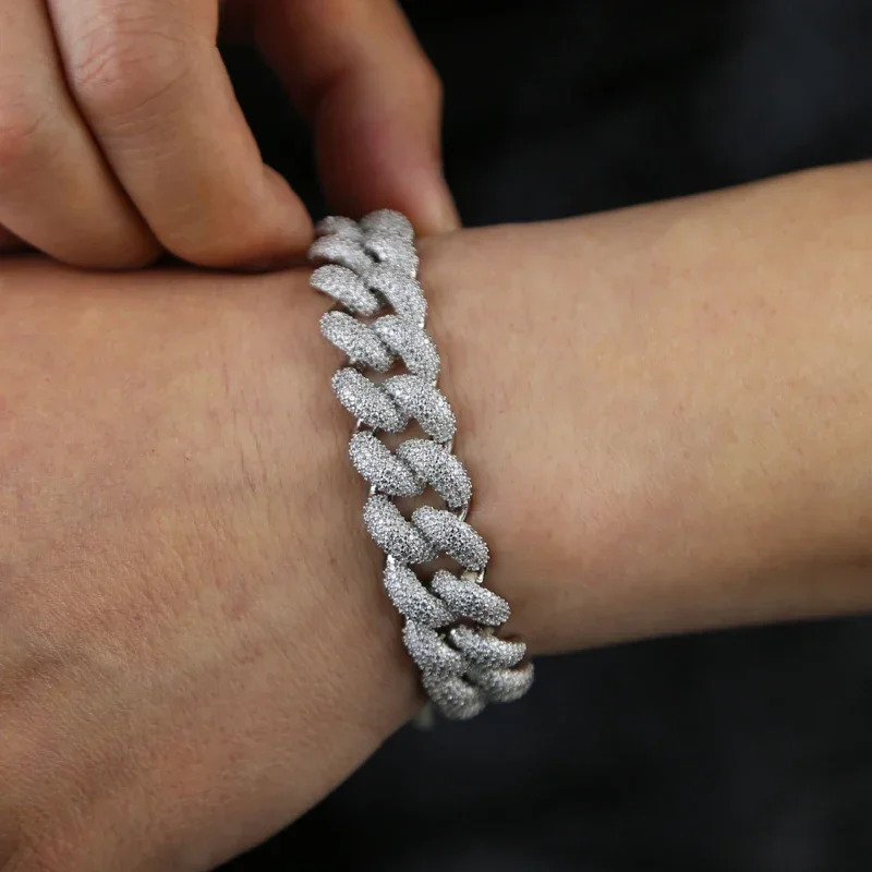 2025 High Quality Iced Out Bling 15mm Width Round Full Paved Cuban Link Chain Bracelet Necklace Hip Hop Men Jewelry