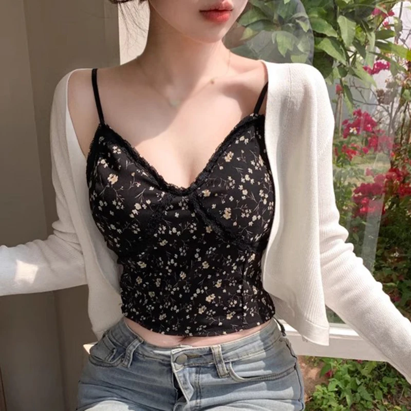 Flower Women\'s Crop Top Summer V Neck Lace Sleeveless Crop Top Sexy Fashion designer women\'s clothing .