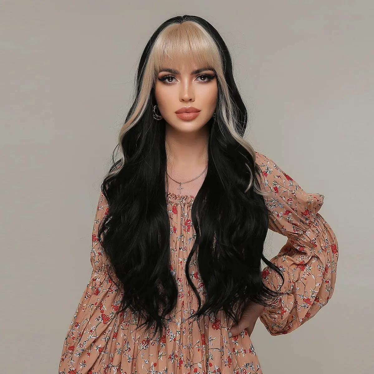 Black Long Wavy Synthetic Wigs with Blonde Bangs Cosplay Party Wig for Women Daily Use Silky Wig Heat Resistant Natural Hair