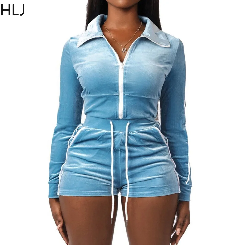 HLJ Fashion Velvet Stitching Drawstring Shorts Two Piece Sets Women V Neck Zip Long Sleeve Crop Top And Shorts Outfit Tracksuits
