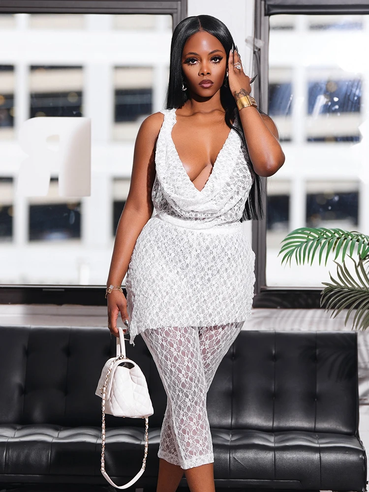 

Weird Puss Sexy See Through 2 Piece Set Women Hooded Swing Collar Backless Tops+Skinny Bottoms Midnight Club Party Trend Outfits