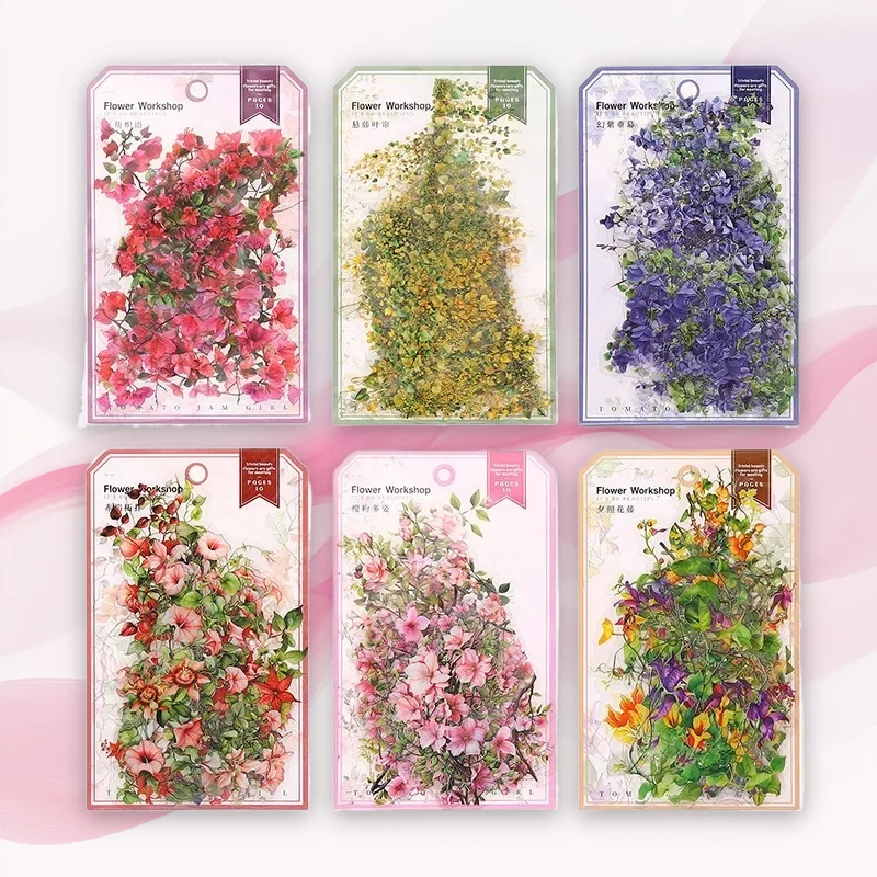1 Packung/3 Packung, 10 Stück, 6 Stile, florale PET-Aufkleber, große Blumenrebe, Werkstattserie
