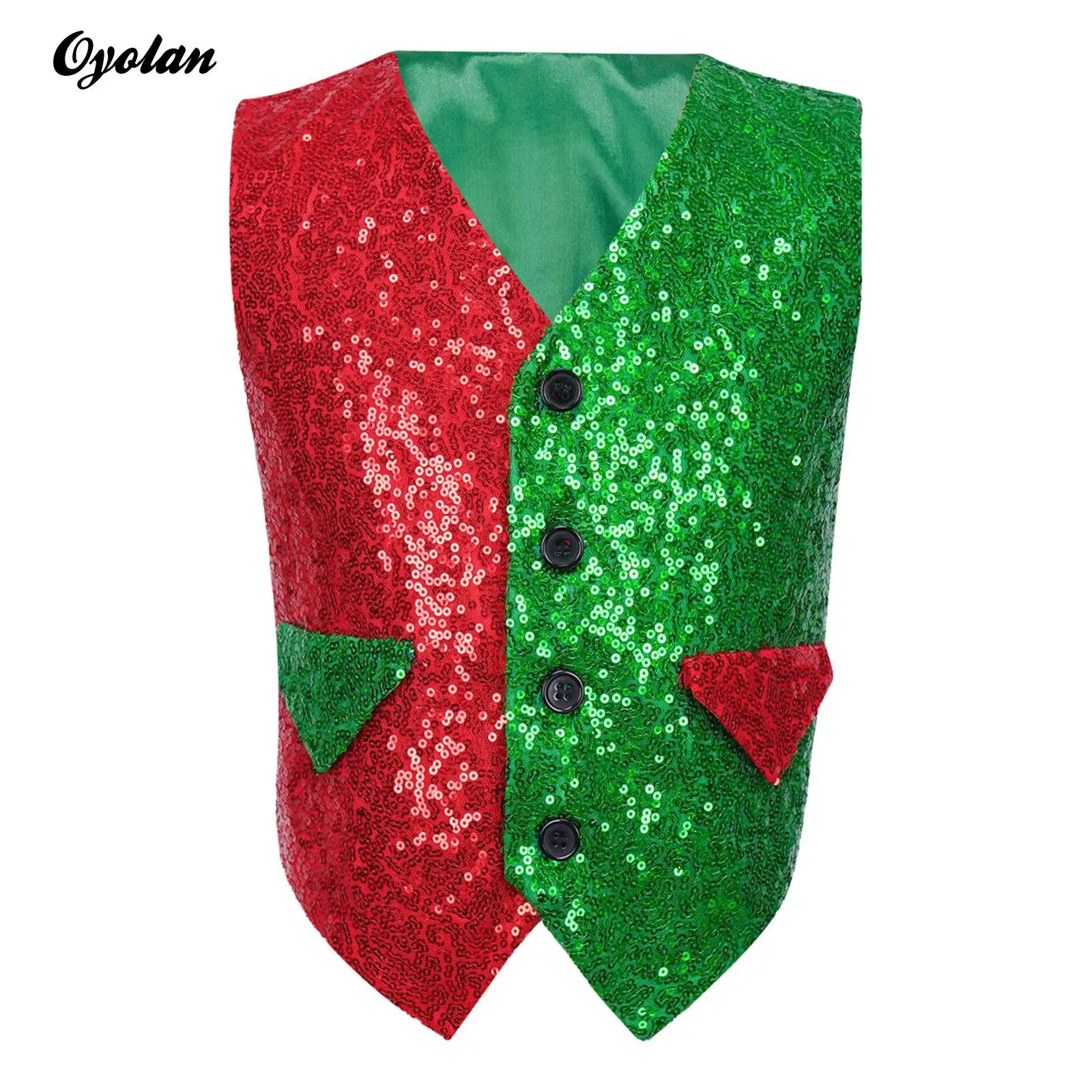 

Boys Christmas Santa Elf Candy Cosplay Costume Choir Jazz Latin Dance Waistcoat Dress Up Sequin Vest Pointed Hem Flap Pockets