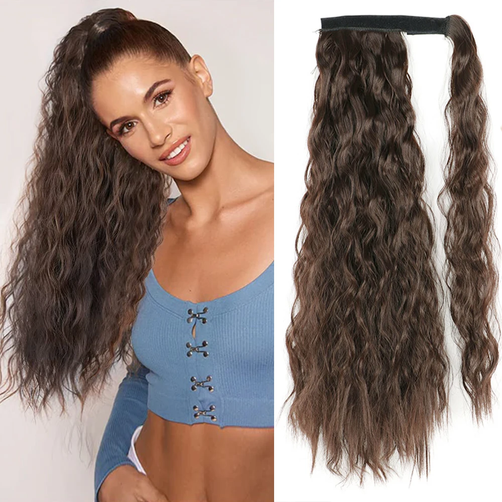 

Synthetic Long Corn Wavy Ponytail Hair Extensions Hairpiece Wrap on Hair Clip Ombre Brown Blonde Pony Tail Hairstyle