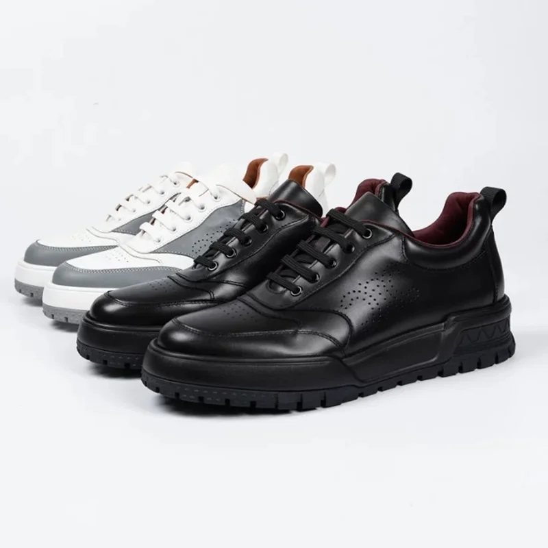 High-end Retro Top-layer Cowhide Lace-up Casual Shoes For Man Breathable Leather Workwear Shoes Men Thick Bottom Sneakers White