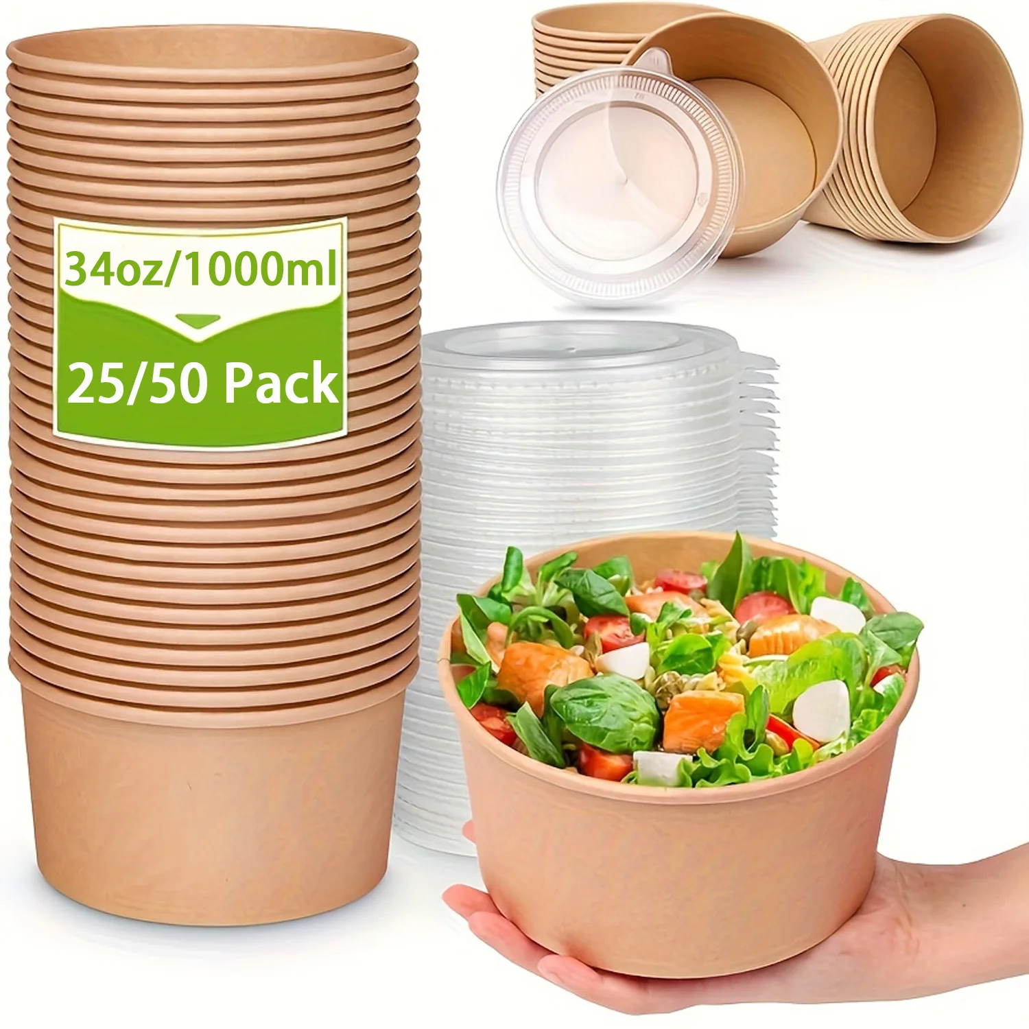 Paquete de 25/50 tazones de papel con tapas, tazones de sopa desechables, fiambrera de contenedores de alimentos, ensaladeras, tazones de preparación de comidas, 34Oz/1000Ml