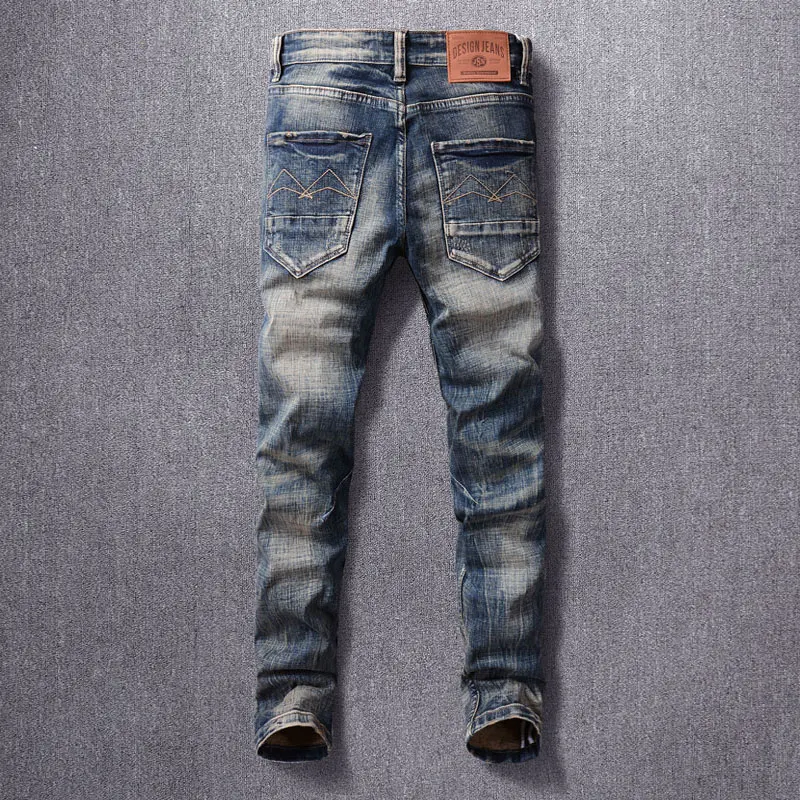 Fashion Designer Men Jeans High Quality Retro Washed Blue Stretch Slim Fit Ripped Jeans Men Italian Style Vintage Denim Pants