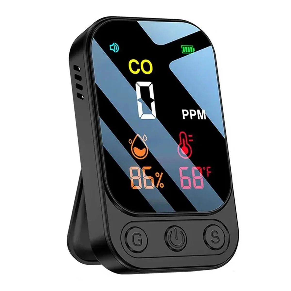 كاشفات أول أكسيد الكربون المحمولة 3 في 1، كاشف ثاني أكسيد الكربون للرطوبة ودرجة الحرارة للتخييم والسفر والمنزل باللون الأسود