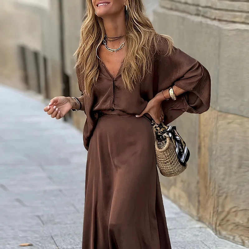 

Spring Summer 2026 New Women's Vintage Outfits Elegant Solid Color Loose 2 Piece Casual V-neck Long Sleeve Shirts And Skirts Set