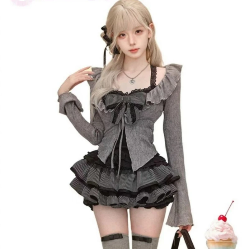 Y2k Lolita Style 3 Piece Set Woman Chic Short Cardigan Cute Bow Vest Tops Kawaii Stripe Pleated Skirts Suit Gothic Sweet Outfits