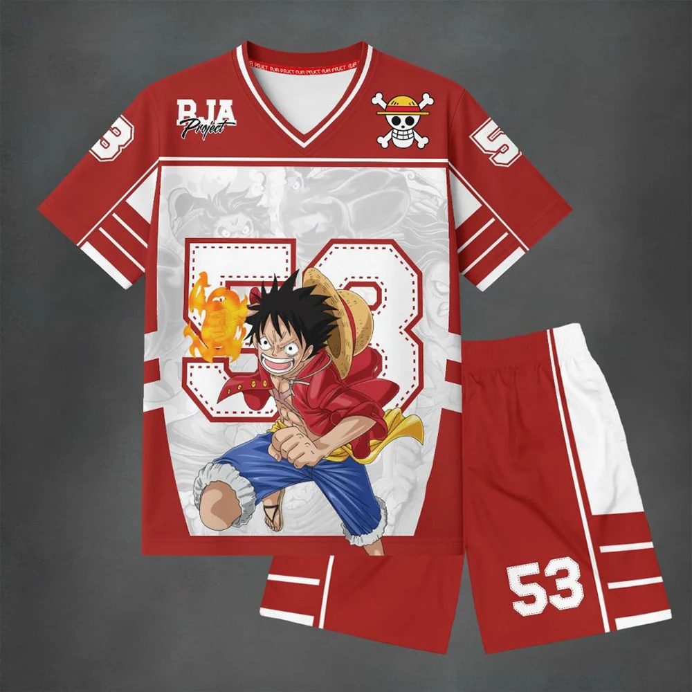 

Новый летний комплект из футболки и шорт в стиле регби с Луффи для мужчин и женщин, оверсайз, дышащий, быстросохнущий, спортивный комплект для бега, тренировок и отдыха