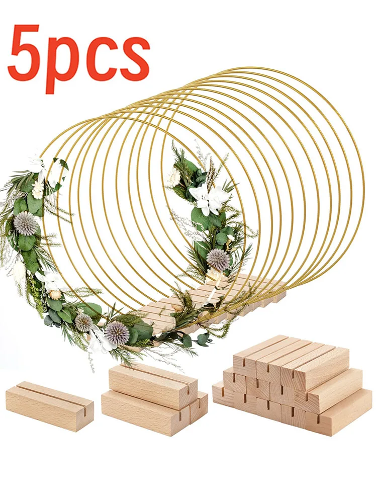 Cerceaux floraux ronds en métal, 5 pièces/ensemble, avec Bases en bois, pour décoration de centre de Table de fête de mariage, 20-25cm