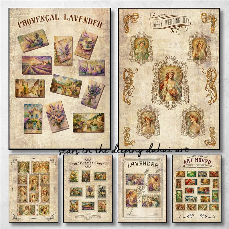 Retro Style Old Postage Stamps Art Poster Provencal Lavender Landscape Canvas Painting Wall Prints Picture for Room Home Decor