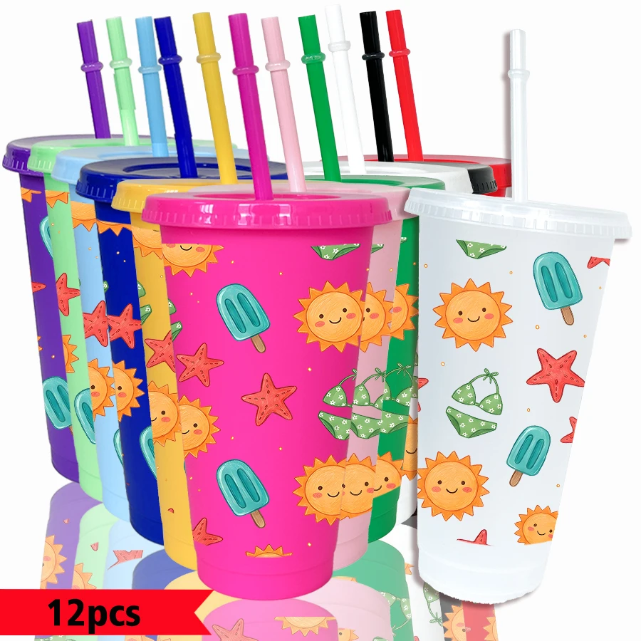12pcs/pack Sun Popsicle Starfish Pattern 26oz Colored Plastic Party Cold Drink Cup for Back-to-school Birthday Gift