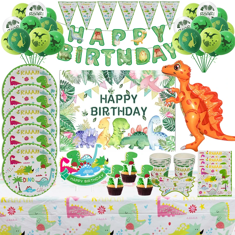 Dinosaur Theme Birthday Decorations Disposable Tableware Party Supplies Foil Balloons Favor Jungle Safari Boy Baby Shower