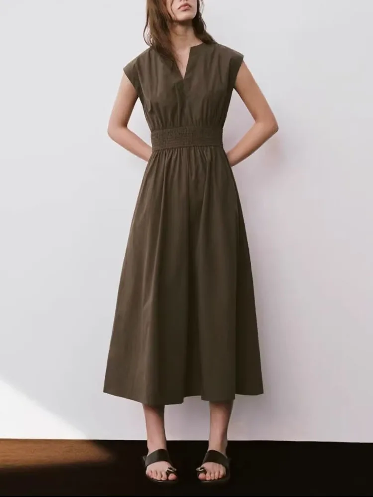 Letnia kolekcja 2025: Nowa moda damska, wyszczuplająca spódnica midi z wysokim stanem, prostym dekoltem w serek, elegancka, do pracy, w jednolitym kolorze.