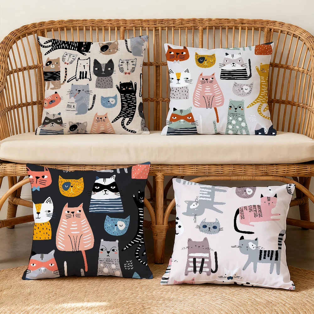 Hand-drawn Cartoon Cat Cushion Cover Square Decorative Throw Pillow Case Sofa Bed Living Room Anniversary Gifts
