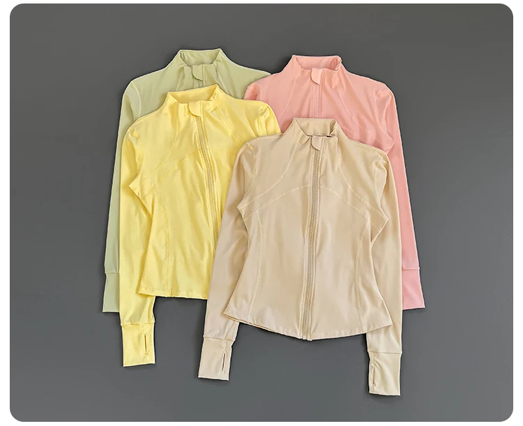 Damen Slim Fit Yoga-Jacke mit Stehkragen, Reißverschluss, Daumenlöchern, langen Ärmeln, für Laufen, Fitness und Sport. – Detail 8