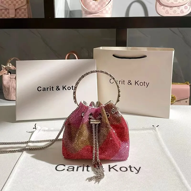 Borsa a secchiello con diamanti lucidi Glitter borsa a mano con manico ad anello in metallo borsa da sera moda donna borsa a tracolla con pochette