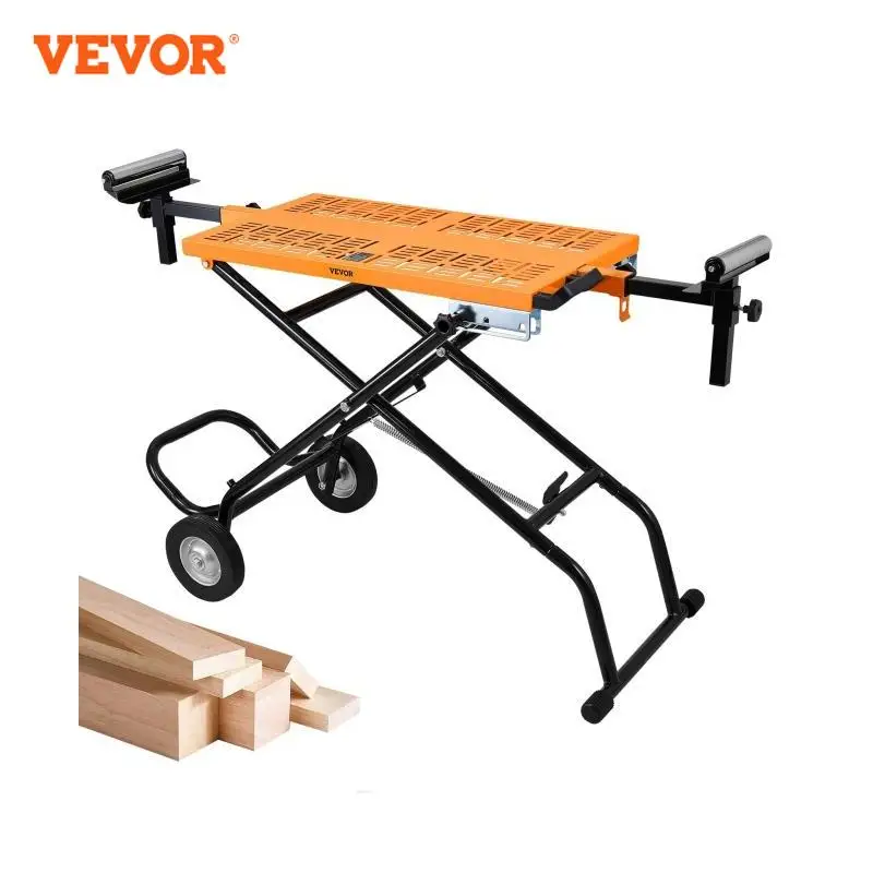 VEVOR 100in gergaji bundar dapat dilipat, Rolling Miter Stand Dengan roda rol ringan 550lbs kapasitas beban untuk memotong pekerjaan