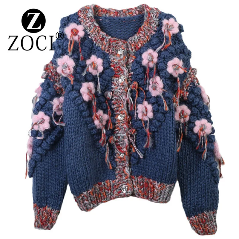 [ZOCI]winter Lazy Style Fashionable Handmade Three-dimensional Ball Flower Tassel Thickened Sweater CardiganNew Fashion