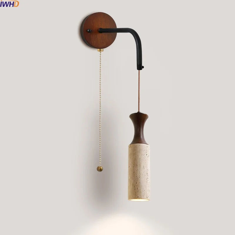

IWHD Yellow Travertine Wooden LED Wall Lamps With Switch E27 Bulb Wire Adjustable Living Room Stair Light Luminaria De Parede