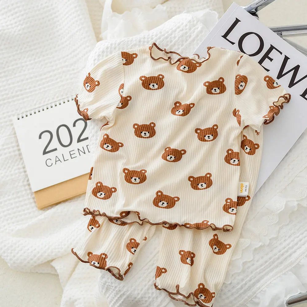 2026 Baby Girl Strawberry Pajamas Set Summer Short Sleeve Thin Two Piece Toddler Kids Sleepwear Infant Home Wear Clothes